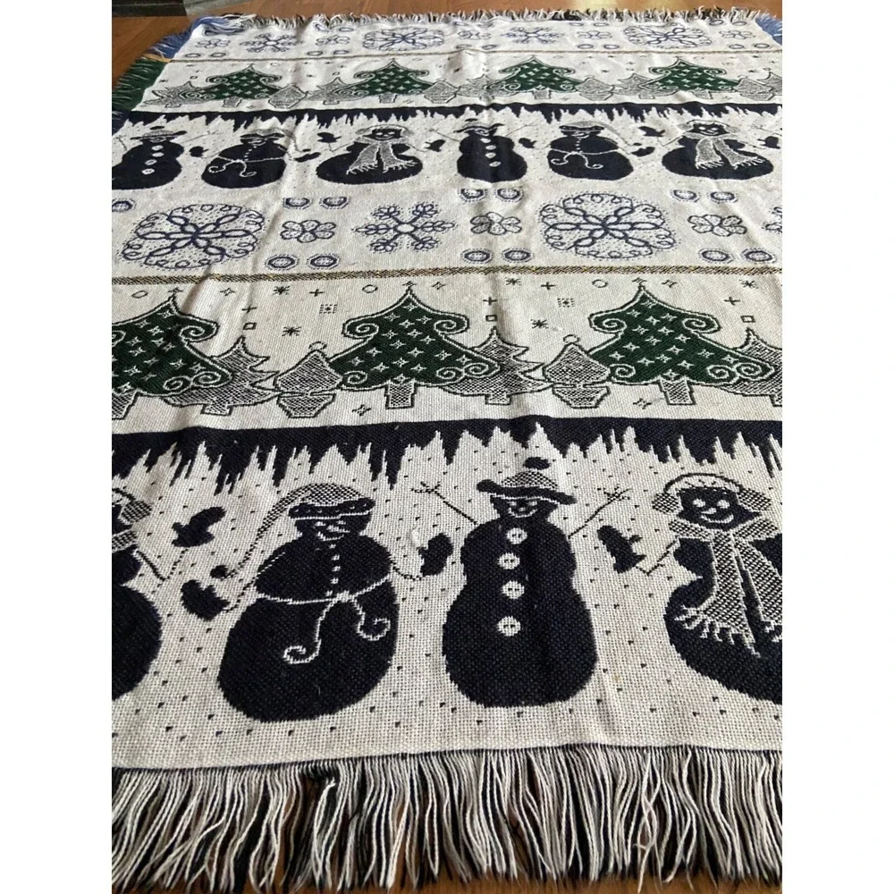 Woven Christmas Throw Blanket Snowman Tree Pattern Blue Green Fringe Winter Holi